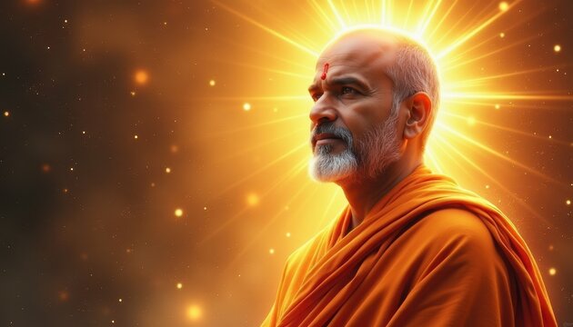 Portrait of Swami Vivekananda radiating light and wisdom with a heavenly glow symbolizing divine knowledge.