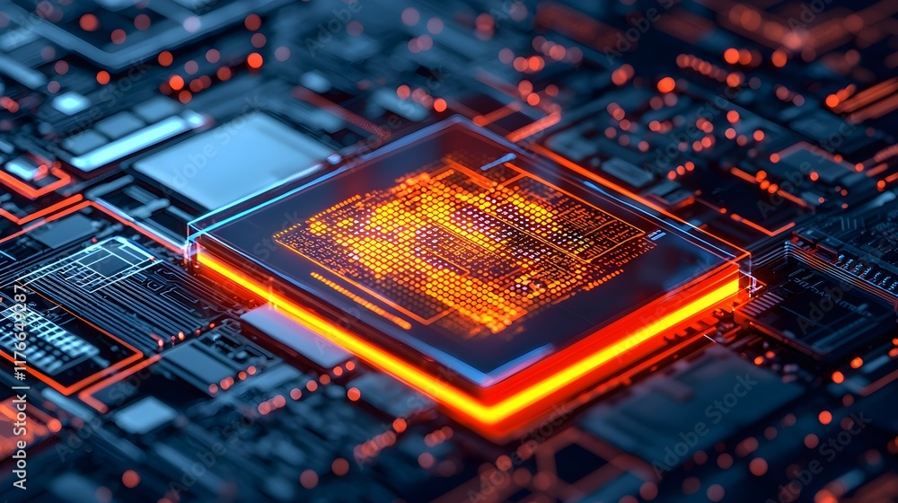Poster futuristic digital circuit with glowing processor and connections
