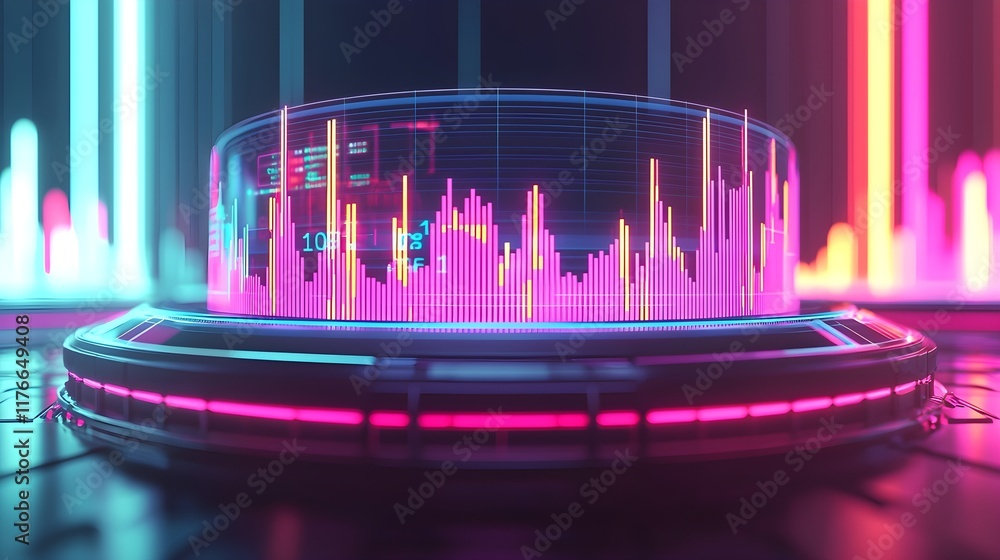 Poster futuristic digital data visualization with neon colors and signals