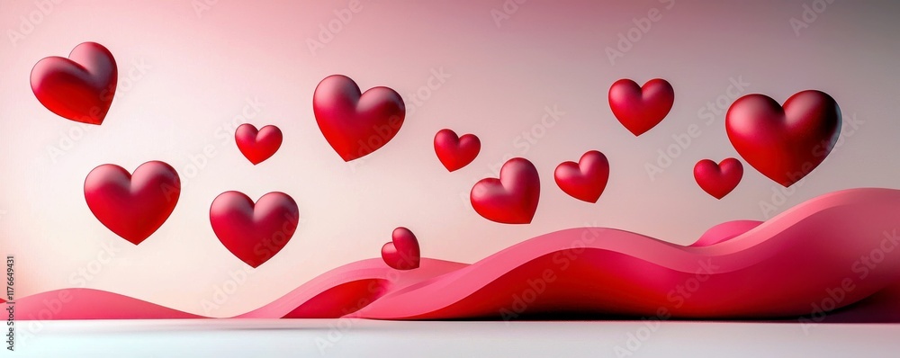 Poster beautiful abstract background with floating red hearts on soft waves in gradient pink and white for 