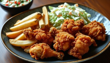 Fototapeta premium Sweet and Spicy Chicken with Crispy Fries and Fresh Salad on a Stylish Plate