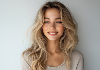 Naklejka premium Studio portrait of a young blonde woman in a long-sleeved white top, smiling and looking at the camera, isolated on light grey background, ideal for beauty or fashion campaigns