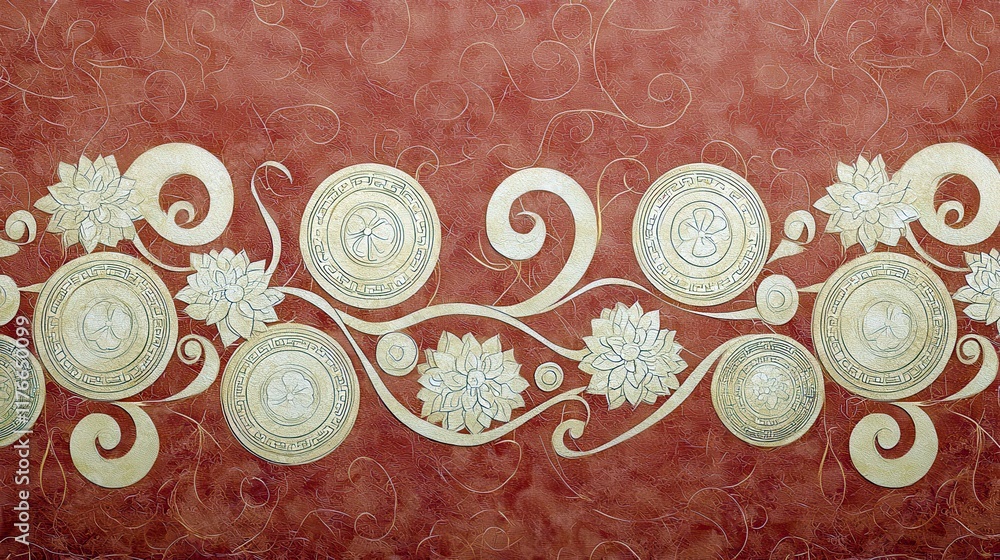 Poster elegant floral and circular patterns on a rich red background with intricate details and textures fo