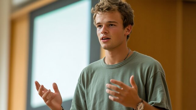 Young man giving presentation, classroom, lecture (1)