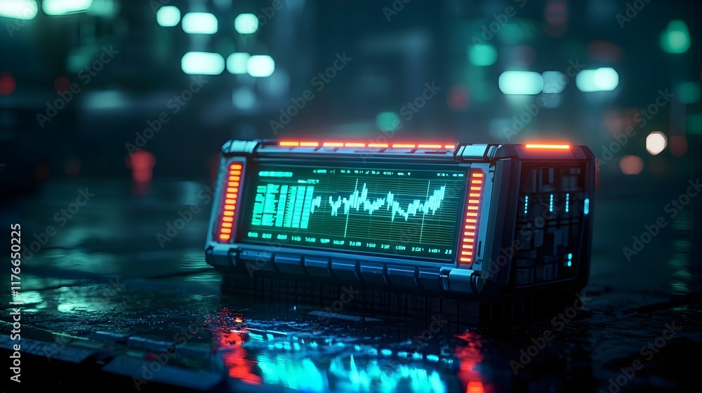 Poster futuristic display screen with data analytics in neon cityscape