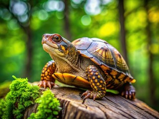 Obraz premium A box turtle basks, sharply in focus, atop a sun-drenched log, a testament to nature's detail.