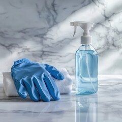 Professional cleaning tools featuring a blue rubber glove and a clear spray bottle on a marble countertop, ideal for hygiene and sanitation themes in stock imagery