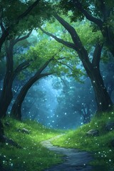 Fototapeta premium Tranquil Forest Path with Ethereal Glow of Fireflies at Dusk