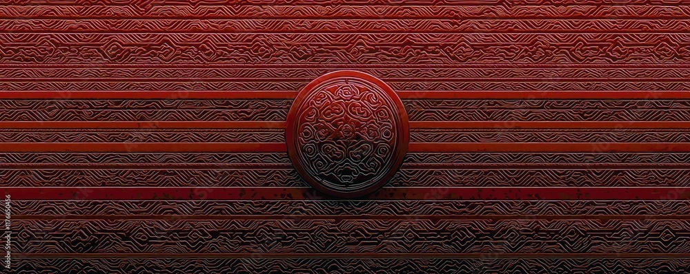 Aufkleber intricate red pattern design with circular emblem and textured background showcasing traditional art