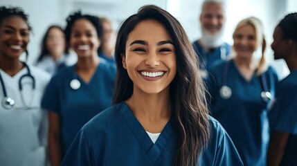 A group of smiling nurses and doctors wearing scrubs in a hospital, showcasing a cheerful and diverse medical team.