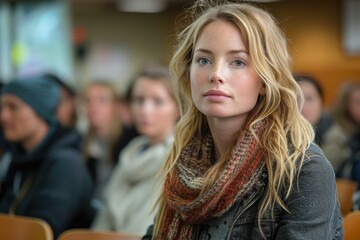 Fototapeta premium A young woman with wavy hair and a scarf gazes thoughtfully, surrounded by people in a classroom setting.