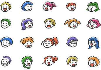 Obraz premium いろいろな表情の男の子と女の子の顔のイラストセット