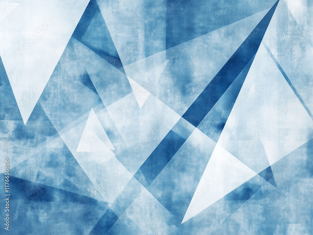 Poster modern abstract blue background design with layers of textured white transparent material in triangle diamond and squares shapes in random geometric pattern