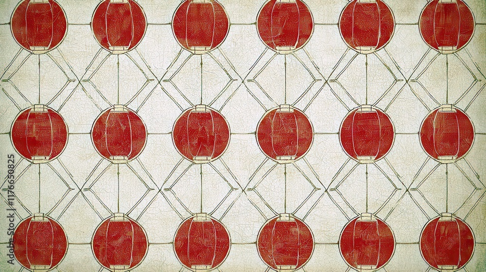 Poster vintage geometric pattern with red circles and intricate line design on a textured surface for artis