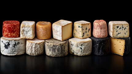 Variety of artisan cheeses on black background showcasing texture and color