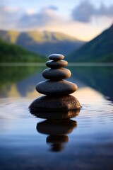 Tranquil Stone Stack on Calm Water Surface in Scenic Landscape