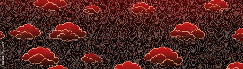 Poster abstract red and black background with decorative waves and stylized clouds creating a captivating a