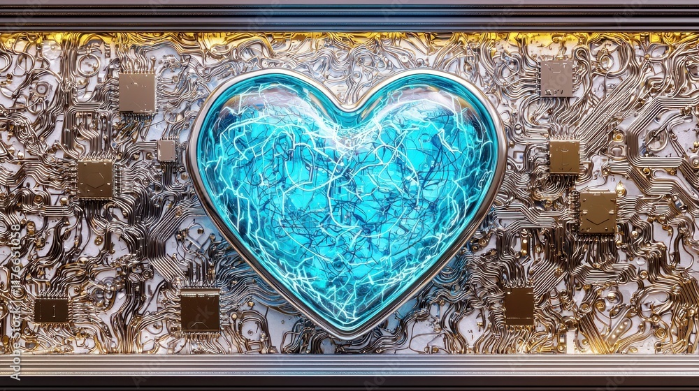 Poster heart shape with blue electric sparks surrounded by metallic circuit board design emphasizing techno