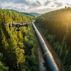 Aerial View of a Drone Inspecting a Natural Gas Pipeline Surrounded by Lush Green Forests Under a Dramatic Sunset Sky