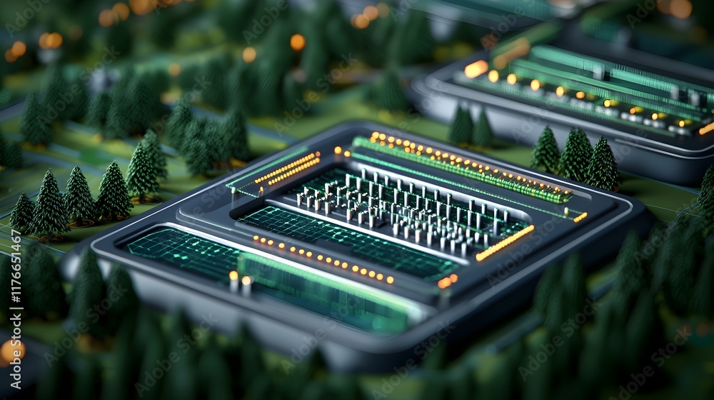 Poster futuristic landscape with abstract computer circuitry and nature