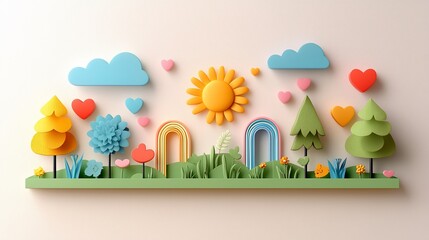 Colorful paper art landscape with sun, rainbow, trees, and hearts.