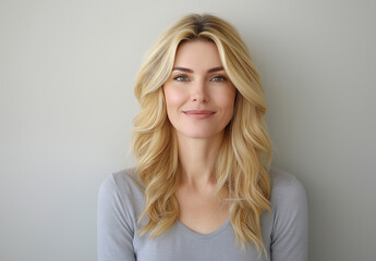 Fototapeta premium Studio portrait of a young blonde woman in a long-sleeved white top, smiling and looking at the camera, isolated on light grey background, ideal for beauty or fashion campaigns