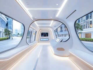 Obraz premium Autonomous vehicle interior design urban environment modern technology showcase futuristic setting inside view innovative lifestyle concept