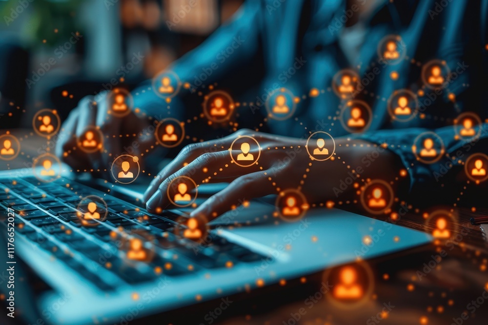 Poster a person typing on a laptop, surrounded by digital icons representing connections and users, suggest