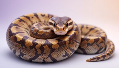 Fototapeta premium Ball Python - Python regius - A captivating ball python with intricate brown, tan, and black scales, coiled elegantly against a soft purple background. Its mesmerizing gaze locks directly with the cam