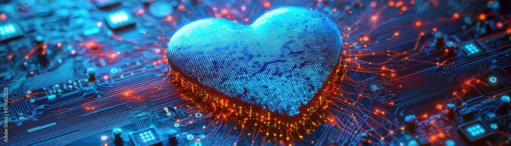 Poster heart shape embedded in circuit board design with glowing effects representing technology and love i