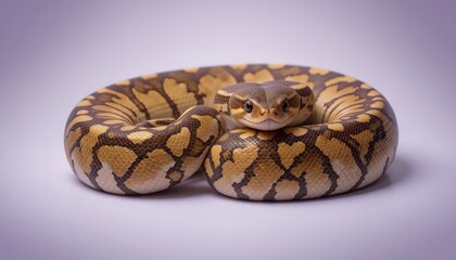 Obraz premium Ball Python - Python regius - A stunning ball python with intricate brown, yellow, and black patterned scales, coiled elegantly on a purple isolated background. Its captivating gaze meets the camera