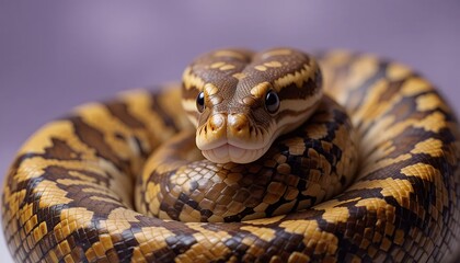 Fototapeta premium Ball Python - Python regius - A captivating close-up of a juvenile ball python, exhibiting its characteristic brown, yellow, and black patterned scales. The snake is coiled neatly, its gaze directed