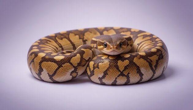 Ball Python - Python regius - A stunning ball python with intricate brown, yellow, and black patterned scales, coiled elegantly on a purple isolated background.  Its captivating gaze meets the camera
