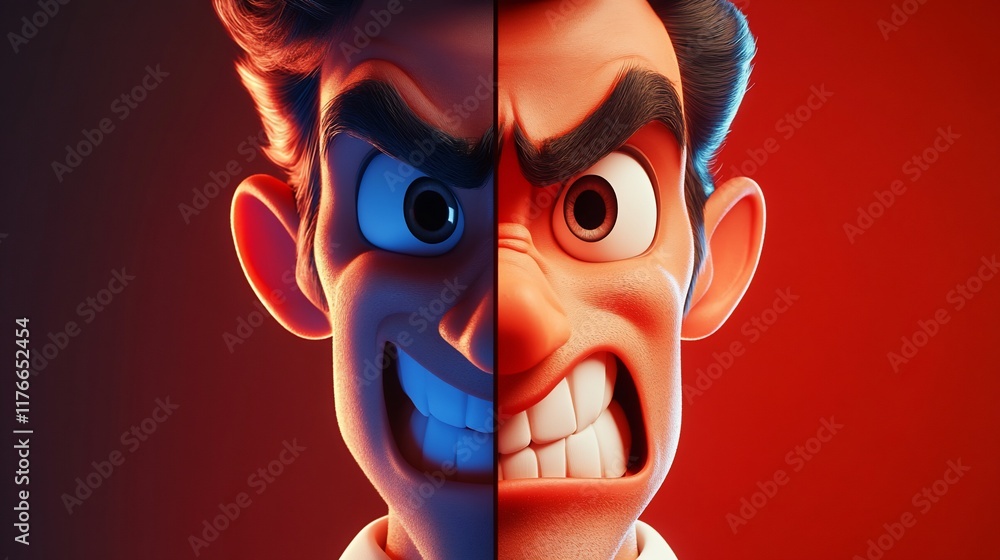 Poster a split-faced animated character expressing contrasting emotions.