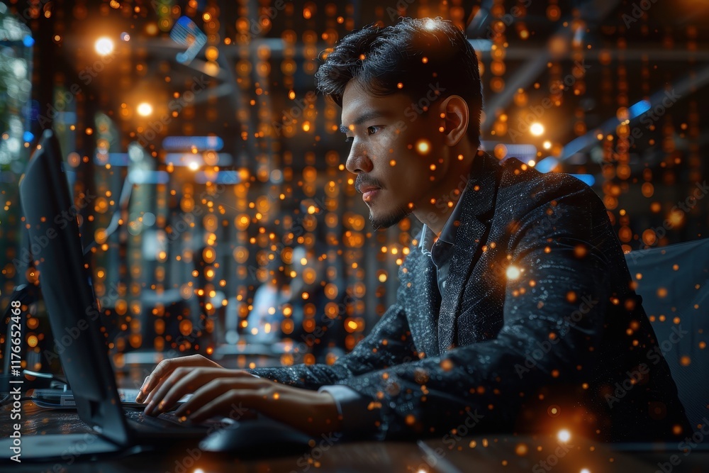 Poster a focused individual works on a computer, surrounded by a dynamic, glowing backdrop that suggests te