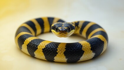 Banded Kukri Snake - Oligodon fasciolatus - A non-venomous colubrid snake with striking yellow and black bands, coiled in a defensive posture, its head facing the camera. It has small, dark eyes. Clos