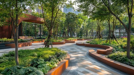 Urban park:  landscaped pathway,  rusted metal seating.
