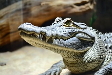 Fototapeta premium A close-up of a Nile crocodile basking on the riverbank with its mouth slightly open