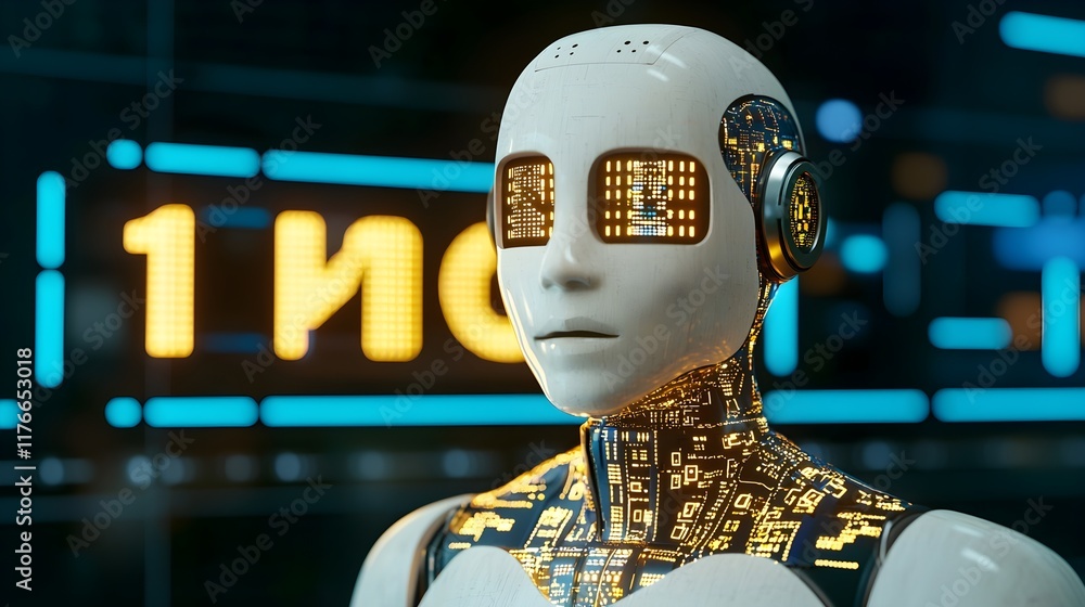 Poster futuristic robot with circuit design in neon atmosphere