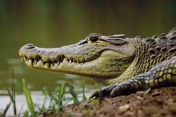 Obraz premium A close-up of a Nile crocodile basking on the riverbank with its mouth slightly open