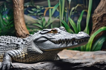Fototapeta premium A close-up of a Nile crocodile basking on the riverbank with its mouth slightly open