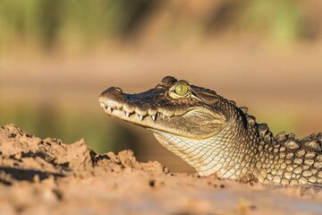 Fototapeta premium A close-up of a Nile crocodile basking on the riverbank with its mouth slightly open