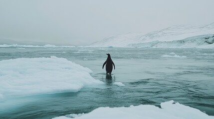 A solitary penguin stands in icy waters, surrounded by floating ice and a snowy landscape.