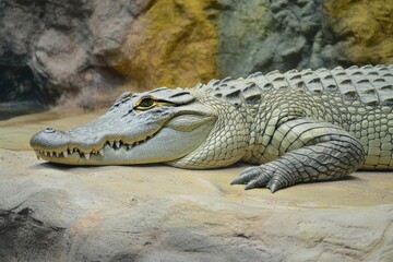 Obraz premium A close-up of a Nile crocodile basking on the riverbank with its mouth slightly open