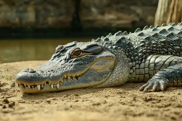 Obraz premium A close-up of a Nile crocodile basking on the riverbank with its mouth slightly open