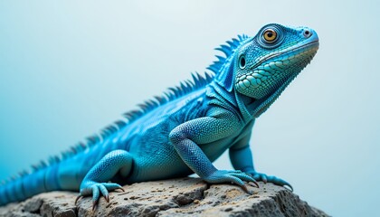 Obraz premium Blue Iguana - Cyclura Lewisi - A vibrant blue iguana with intricate scales, showcasing a striking cyan hue. The reptile sits alertly on a rock, its gaze directly at the camera, displaying its exotic b