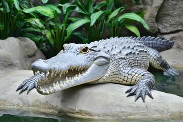 Fototapeta premium A close-up of a Nile crocodile basking on the riverbank with its mouth slightly open