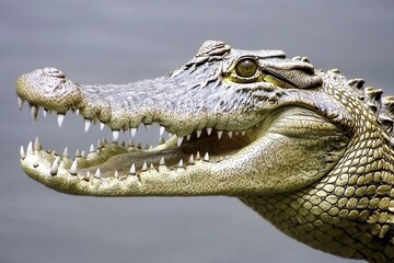 Fototapeta premium A close-up of a Nile crocodile basking on the riverbank with its mouth slightly open