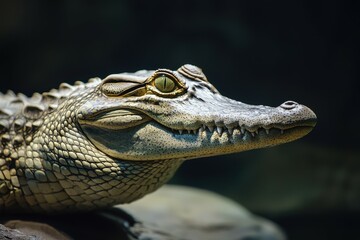 A close-up of a Nile crocodile basking on the riverbank with its mouth slightly open