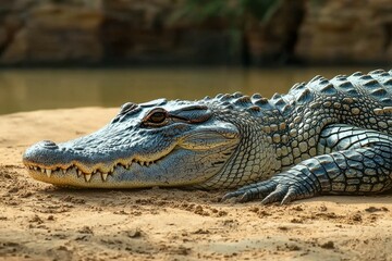 Obraz premium A close-up of a Nile crocodile basking on the riverbank with its mouth slightly open